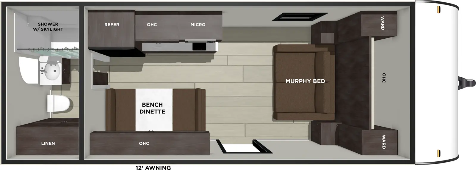 The Wildwood FSX 167RBK floorplan has one entry and zero slide outs. Exterior features include: fiberglass exterior and 12' awning. Interiors features include: front bedroom, murphy bed, front living and rear bathroom.